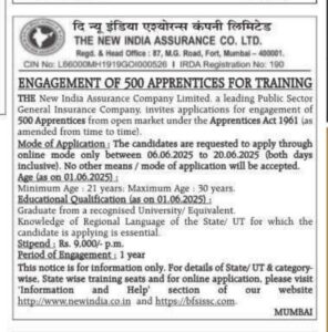 NIACL Apprentice Recruitment 2025 - Apply for 500 Posts